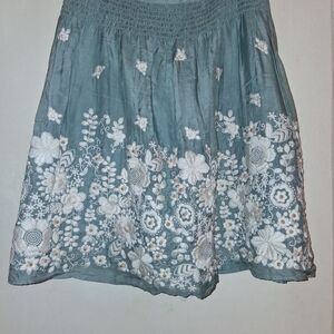 Chic Floral Embroidered A-Line Skirt - Teal and White